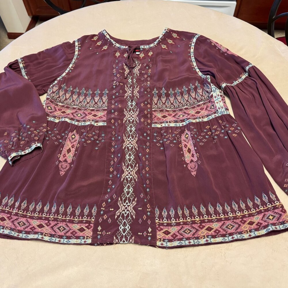 Johnny Was/Biya.   Deliza Silk Wine/Burgundy Heavily Embroidered Blouse. Size XL